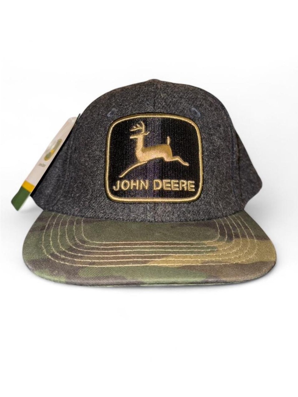 John Deere Charcoal Gray Crown with Camo Brim Snapback Hat / deer drawing inside